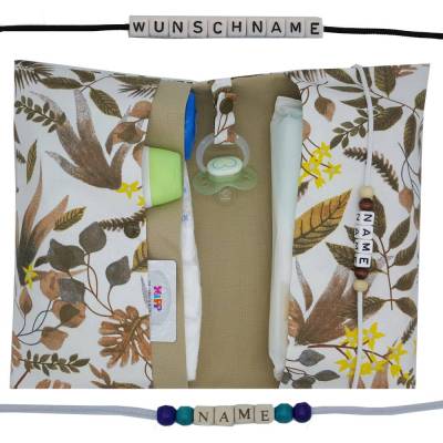 Windeltasche mit Name to go Wickeltasche XL Waldtiere Blätter weiß braun Windeletui Geschenk Geburt Taufe Mädchen Junge