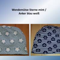 Wendemütze, Wendebeanie - Sterne mint / Anker dunkelblau weiß gestreift Gr. 48 Bild 1