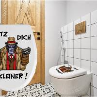 WC-Toiletten Aufkleber Setz dich Kleiner Tür-Bad-Toilette-Cartoon Aufkleber-Wunschtext-Personalisierbar Bild 1