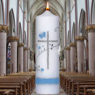 Taufkerze Kreuz, Schmetterling, Taube, Blumenranke, blau für Jungen oder rosa für Mädchen, personalisierbar