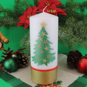 Handverzierte Weihnachtskerze mit goldglänzendem Tannenbaum und Sternen, Perfekte Weihnachtsdeko Bild 1