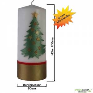 Handverzierte Weihnachtskerze mit goldglänzendem Tannenbaum und Sternen, Perfekte Weihnachtsdeko Bild 2