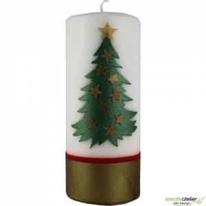Handverzierte Weihnachtskerze mit goldglänzendem Tannenbaum und Sternen, Perfekte Weihnachtsdeko Bild 3