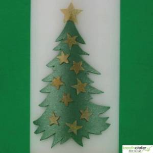 Handverzierte Weihnachtskerze mit goldglänzendem Tannenbaum und Sternen, Perfekte Weihnachtsdeko Bild 4