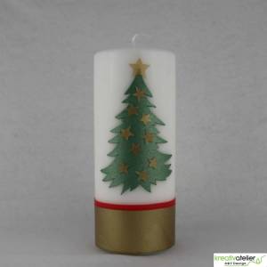 Handverzierte Weihnachtskerze mit goldglänzendem Tannenbaum und Sternen, Perfekte Weihnachtsdeko Bild 5