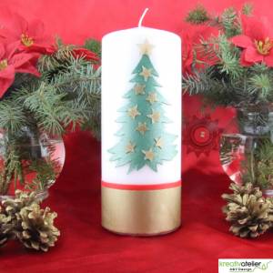 Handverzierte Weihnachtskerze mit goldglänzendem Tannenbaum und Sternen, Perfekte Weihnachtsdeko Bild 6