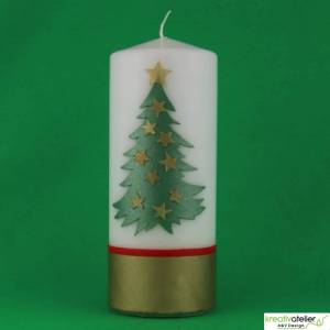 Handverzierte Weihnachtskerze mit goldglänzendem Tannenbaum und Sternen, Perfekte Weihnachtsdeko Bild 7