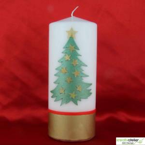 Handverzierte Weihnachtskerze mit goldglänzendem Tannenbaum und Sternen, Perfekte Weihnachtsdeko Bild 8