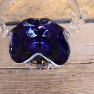 Murano Körbchen Glaskörbchen Henkelschale Pop Art kobaltblaues Glas mundgeblasen 70er Vintage Bild 3