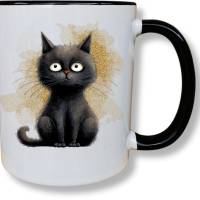 Tassen in schwarz/weiß mit frechen Katzenmotiven, Rückseite mit passendem Spruch möglich, personalisierbar Bild 1