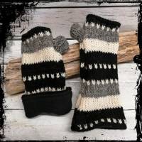 Handstulpen schwarz/grau/beige, Wollstulpen mit Fleecefutter, Pulswärmer, Handwärmer aus Schafswolle Bild 1