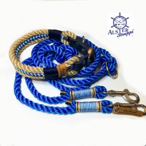 Leine Halsband Set verstellbar maritim, natur, blau weiß, mit Leder und Schnalle Bild 1
