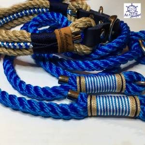 Leine Halsband Set verstellbar maritim, natur, blau weiß, mit Leder und Schnalle Bild 2