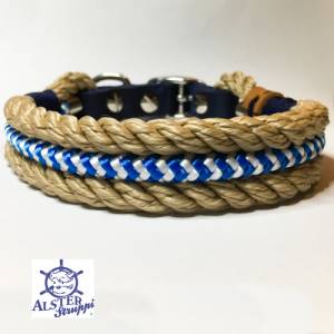 Leine Halsband Set verstellbar maritim, natur, blau weiß, mit Leder und Schnalle Bild 5