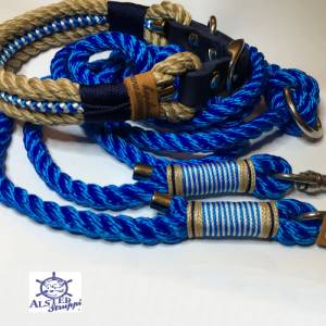 Leine Halsband Set verstellbar maritim, natur, blau weiß, mit Leder und Schnalle Bild 8