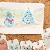 Set Original Aquarell, Karte Postkarte und Geschenkanhänger , handgemalt, Katze, Schneemann, Weihnachtsbaum Bild 5