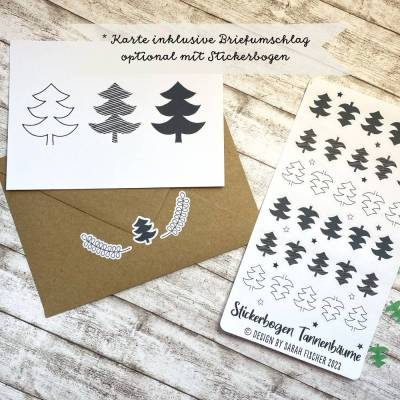 Tannengruss Weihnachtskarte mit Umschlag – Minimalistische Tannenbäume, optional Sticker