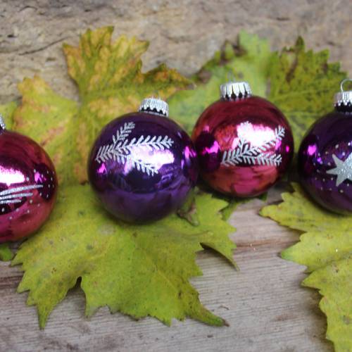 4 Christbaumkugeln pink lila Tannenzweig Sternschnuppe Christbaumschmuck Lauscha Glas Vintage 90er Jahre