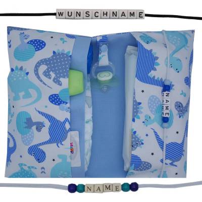 Windeltasche mit Name to go Wickeltasche XXL Dinosaurier blau weiß hellblau Windeletui Geschenk Geburt Taufe Junge Dino
