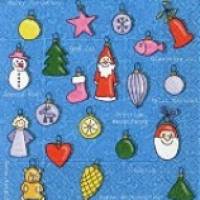 9 einzelne Lunchservietten Sweet pendants auf Hellblau, mit bunten Weihnachtsbaum-Schmuck, mehrsprachig von Paper+Design Bild 1