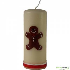 Personalisierbare cremefarbene Weihnachtskerze mit liebevoll handgefertigtem Lebkuchenmann und bunter Schleife Bild 2