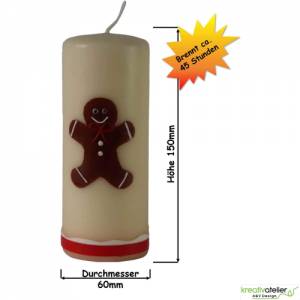 Personalisierbare cremefarbene Weihnachtskerze mit liebevoll handgefertigtem Lebkuchenmann und bunter Schleife Bild 3