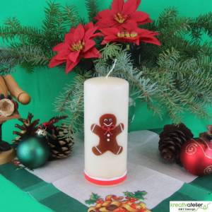 Personalisierbare cremefarbene Weihnachtskerze mit liebevoll handgefertigtem Lebkuchenmann und bunter Schleife Bild 9