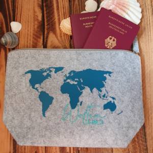 Aufbewahrung Dokumententasche Reiseunterlagen * Reiseunterlagentasche aus Fliz * Reiseorganizer Weltkarte Bild 1