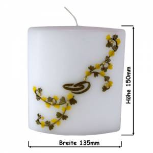 weiße Hochzeitskerze mit Blumenranke, ovale Formenkerze, gelb/gold mit Ringen, Traukerze, Brautkerze, personalisierbar Bild 3