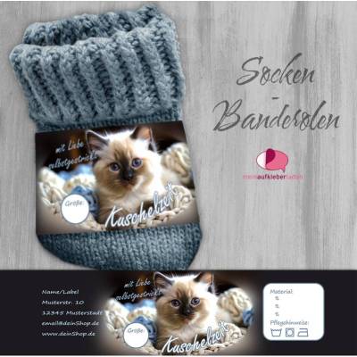 6 Sockenbanderolen: Kuschelzeit - niedliche Babykatze mit Wolle - personalisierbar | mit transparente Klebepunkte