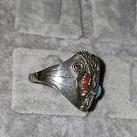 Navajo -Ring, Sterling Silber mit Adler, Türkis und Koralle Bild 2