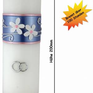 Hochzeitskerze mit blauem Band, weißen Blumen und Ringen, Traukerze, Trauung, personalisiertes Hochzeitsgeschenk Bild 3