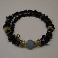 Halskette Onyx und Sardonyx mit Aquamarin, Schwarz-Gold-Himmelblau Bild 3