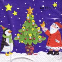 10 einzelne Lunchservietten Weihnachtsfreunde auf Blau, Weihnachtsmann und Pinguin am Weihnachtsbaum, von Artebene Bild 1