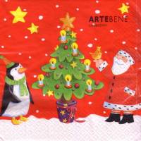 10 einzelne Lunchservietten Weihnachtsfreunde auf Rot, Weihnachtsmann und Pinguin am Weihnachtsbaum, von Artebene Bild 1