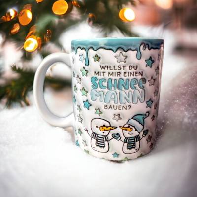 Wintertasse, bedruckte 3D Optik Schneemänner Schneemann bauen