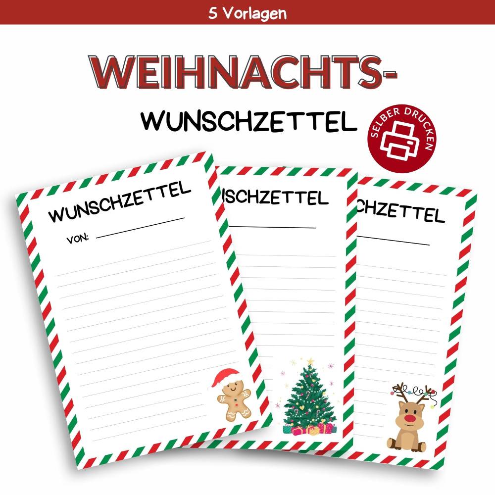 Wunschzettel für Weihnachten Druckvorlage   Wunschliste zum Selberdrucken    Weihnachtsmann   Digitaler Download