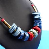 Collier, Keramikkette Räder, blau, rot, gold, schwarz, Lederkette, Statementkette, Halskette, Keramikkette, Handarbeit Bild 1