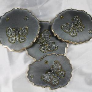 4er Set Coaster Untersetzer mit Schmetterlingen aus Resin - silber grau - Goldrand - Tischdekoration Bild 1