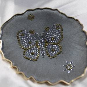 4er Set Coaster Untersetzer mit Schmetterlingen aus Resin - silber grau - Goldrand - Tischdekoration Bild 4
