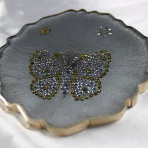4er Set Coaster Untersetzer mit Schmetterlingen aus Resin - silber grau - Goldrand - Tischdekoration Bild 5