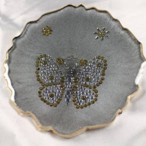 4er Set Coaster Untersetzer mit Schmetterlingen aus Resin - silber grau - Goldrand - Tischdekoration Bild 6