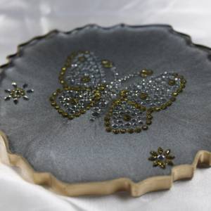 4er Set Coaster Untersetzer mit Schmetterlingen aus Resin - silber grau - Goldrand - Tischdekoration Bild 7