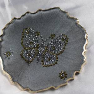 4er Set Coaster Untersetzer mit Schmetterlingen aus Resin - silber grau - Goldrand - Tischdekoration Bild 8