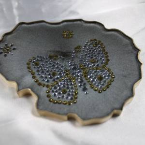 4er Set Coaster Untersetzer mit Schmetterlingen aus Resin - silber grau - Goldrand - Tischdekoration Bild 9