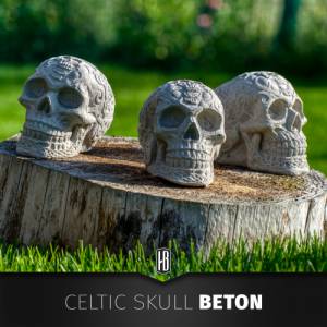 Dekorativer Schädel aus Beton, verziert mit keltischen Motiven, von Hand gegossen. Bild 1