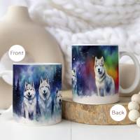 Bedruckte Kaffeetasse mit Husky Motiv | Polarlichter Kaffeebecher Geschenk | Aurora borealis Bild 1