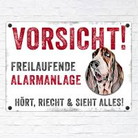 Hundeschild VORSICHT! FREILAUFENDE ALARMANLAGE (Basset Hound), wetterbeständiges Warnschild Bild 2
