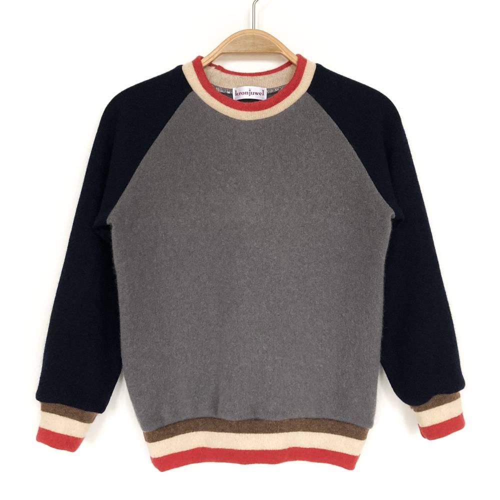 Kinderpullover 100% Kaschmir 122/128 grau dunkelblau Upcycling