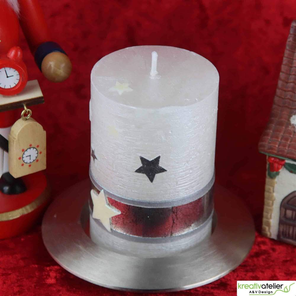 weiße Rustic Weihnachstkerze mit Perlmutt-Oberfläche, Sternen | Kerzenhalter